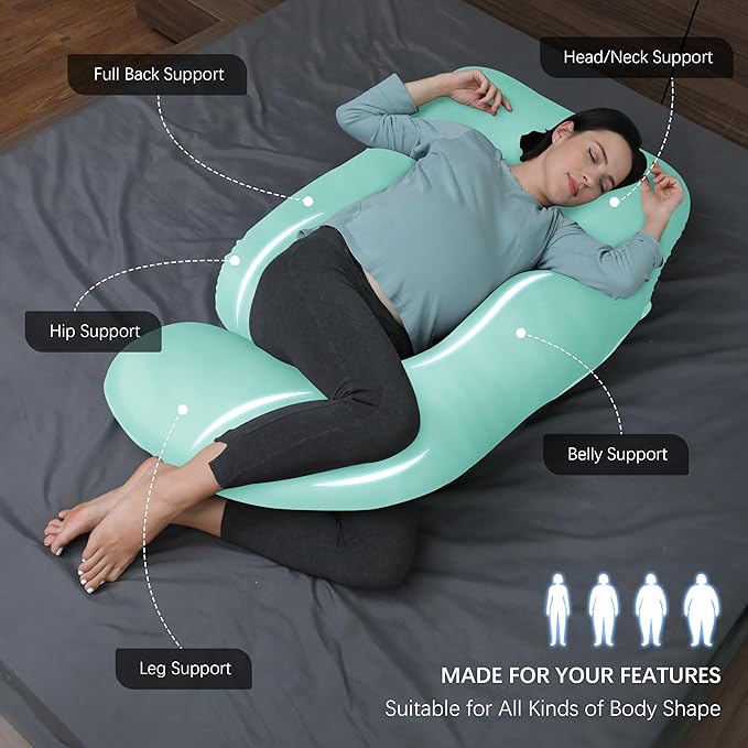 MOON PARK Pregnancy Pillows for Sleeping - U Shaped Full Body Maternity Pillow with Removable Cover - Support for Back, Legs, Belly, HIPS - 65 Inch - Turquoise - Cooling Cover