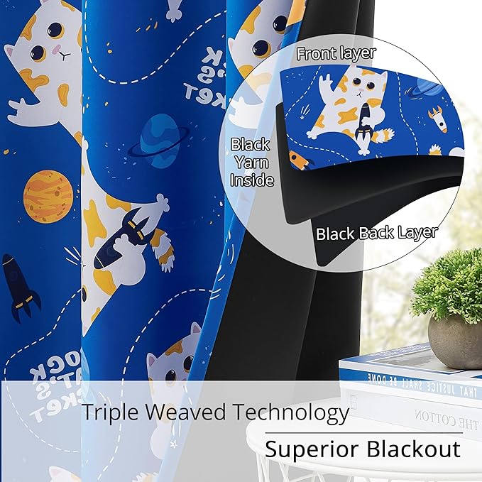 Kids Blackout Curtains - Space Cat Design, 100% Blackout, 2 Panels, Each W52×L84, Thermal Insulated Curtains for Bedroom, Noise Reducing, Combine Functionality with a Fun and Creative Design
