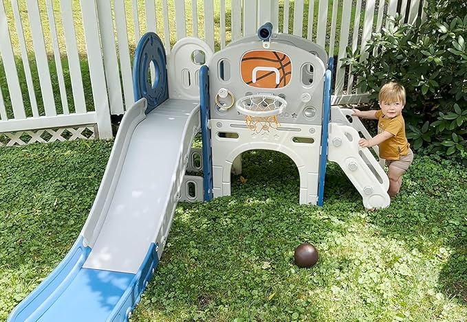 YUFU 9 in 1 Toddler Slide Set, Kids Slide for Toddlers Age 1-3, Toddler Playset with Basketball Hoop and Ball, Outdoor Indoor Playground for Toddlers 1-3 (Blue+Gray)