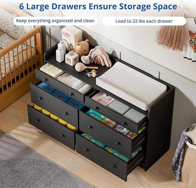 Cozy Castle Baby Dresser with 6 Drawers and Large Table Top, Multi-Functional Chest of Drawer, Drawer Dresser with Three-Sided High Rails for Nursery, Children's Room, Bedroom, Black