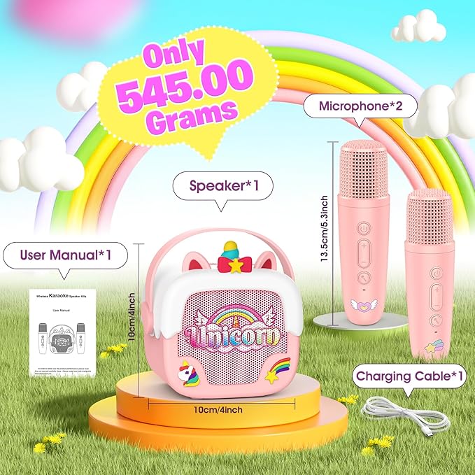 Mini Karaoke Machine for Kids Girls: Unicorn Portable Bluetooth Speakers with 2 Wireless Mic Birthday Gifts for 5 6 7 8 9 10 11 Years Teens Toys for Girls Age 4-6 7 8 9 Years Old Girl Gifts Pink