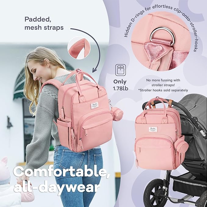 RUVALINO Diaper Bag Backpack, Multifunction Travel Back Pack for Girls, Maternity Baby Changing Bags with Changing Pad for Mom, Large Capacity, Waterproof and Stylish, Pink