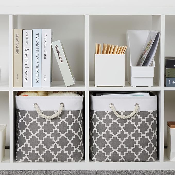 Bidtakay Large Fabric Storage Basket Set of 2 Collapsible Rectangle Basket for Shelves 16" X 11.8" X 11.8" Decorative Organizer Bins for Clothes Toys(White&Quatrefoil Grey)