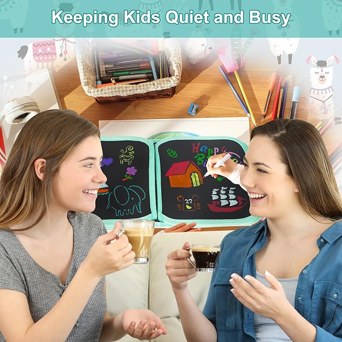 Erasable Doodle Set for Kids - Reusable Magic Drawing Book with 12 Watercolor Pens 14 Page Drawing, Road Trip Car Game Writing Painting Set for Boys and Girls (Sheep)