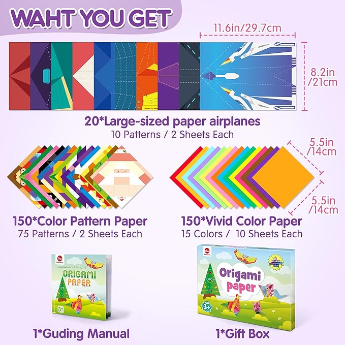 Mocoosy 320 Sheets Origami Kit for Kids Ages 5-8 9-12, Paper Airplane Kit, Color Folding Paper Set with Origami Book, Art & Craft for Boys Girls, Travel Game Airplane Car Road Trip Activity Toy Gifts