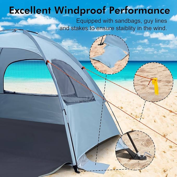 WhiteFang Beach Tent Anti-UV Portable Sun Shade Shelter for 3/4/6/8 Person, Extendable Floor with 3 Ventilating Mesh Windows Plus Carrying Bag, Stakes and Guy Lines