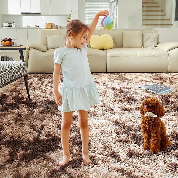 Ultra Soft Rug for Living Room, 4X6 Fluffy Shag Area Rug for Bedroom, Modern Shaggy Carpets Fuzzy Rug for Teens Dorm Nursery Home Decor Aesthetic, Upgrade Anti-Skid Durable, Tie-Dyed Coffee