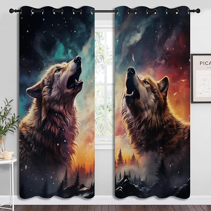 Fantasy Wolf Blackout Curtains for Boys Girl Bedroom Decor,Colorful Galaxy Misty Forest Wildlife Thermal Insulated Grommet Drapes Darkening Window Curtain for Living Room Home 72x63 inch