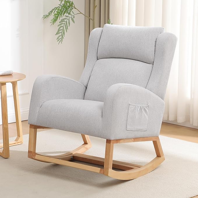 Rocking Chair Nursery, Nursing Rocking Chairs for Mom Nursery, Comfy Wingback Glider Rocking Armchair with Foot Rest and Side Pocket for Nursery Living Room Bedroom, Light Grey