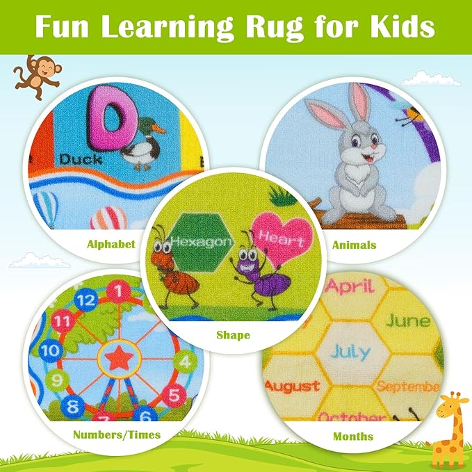 STARUIA ABC Rug for Kids Playroom, Classroom Floor Play Mat for Kids, Preschool Educational Rug for Learning Alphabet Animals Numbers Months, ABC Carpet Play Rug for Nursery Kid Room Decor (63"x78")