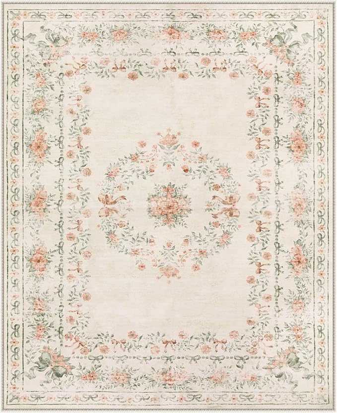 Wonnitar Floral Bow Print Washable 8x10 Rug, Beige Rugs for Living Room, Boho Non Slip Ultra-Thin Soft Neutral Carpet for Nursey Kids Room Dorm Living Room, Beige