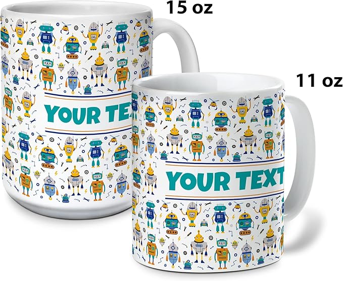 Personalized Mug for Kids - Robots - Custom Name/Text, Ceramic Hot Chocolate/Cocoa/Coffee Cup for Boys, Birthday/Christmas/Holiday Gift - 15 oz, Light Blue Handle