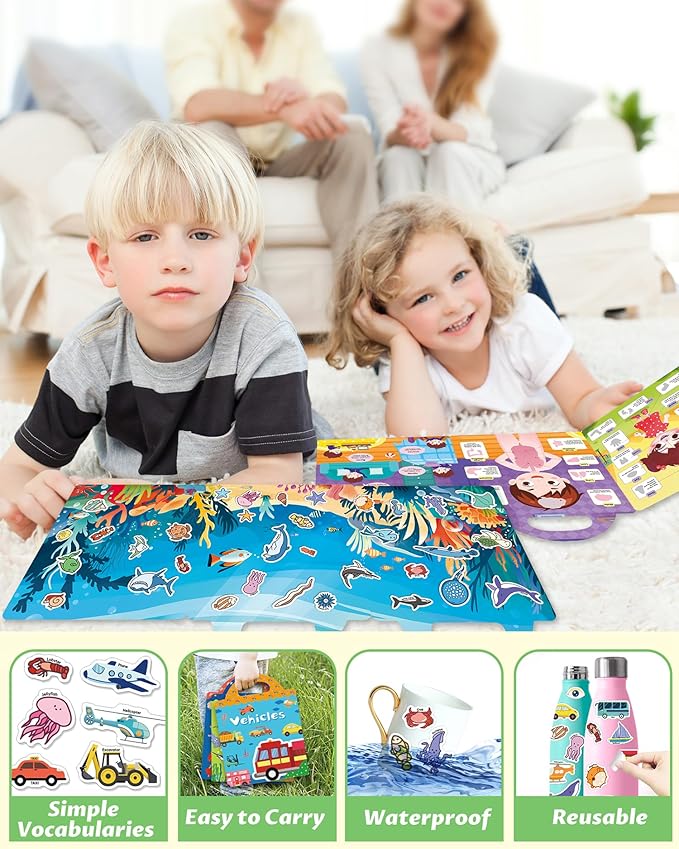Reusable Sticker Book for Toddlers 2-4 Years, Stickers for Kids, Toddler Sticker Book Ages 1-3, Toddler Craft Activities, Toddlers Travel Toys Ages 2+ Boy Girl Birthday Gifts
