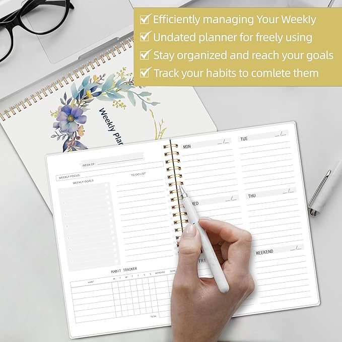 Undated Weekly Planner, Weekly To Do List Notebook with Goal & Habit Tracker Organizer, A5 5.8" x 8.0" Weekly Planner Notebook with Spiral Binding for Men or Women