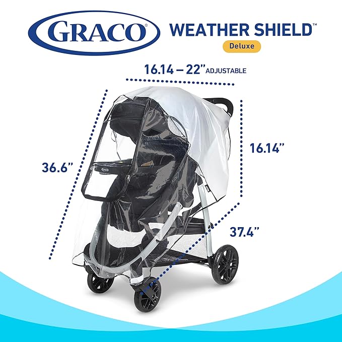 Graco Univeral Deluxe Weather Shield with Zippered Window, Baby Rain Cover, Universal Size to fit Most Stollers, Waterproof, Windproof, Ventilation, Protection, Shade, Umbrella, Pram, Vinyl, Clear