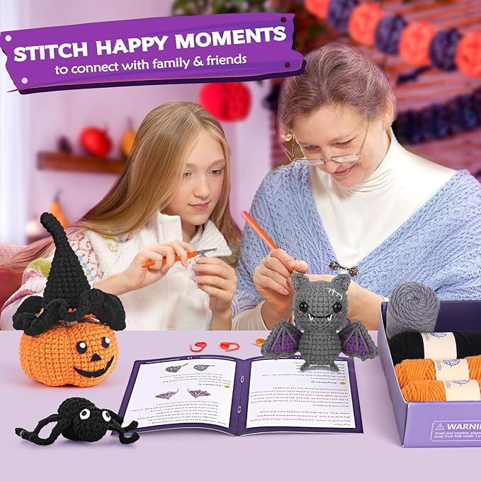 Crochetta Crochet Kit for Beginners, Halloween Decorations, Pumpkin Spider Bat Crochet Animal Kit for Adults and Kids with Step-by-Step Video Tutorials, DIY Knitting(40%+ Yarn)