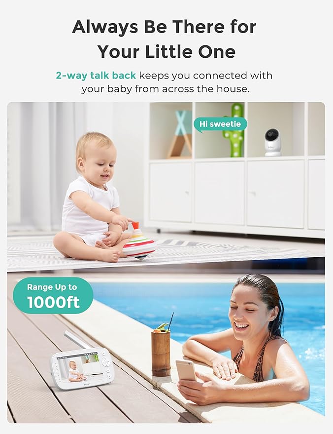 NovaView Video Baby Monitor with 2 Cameras - 5” 1080P HD Screen, Ultra-Low Radiation, 5000mAh Battery, Night Vision, Real-Time/VOX, 2X/4X Zoom, Pan & Tilt, 1000ft Range, 2-Way Audio, No WiFi