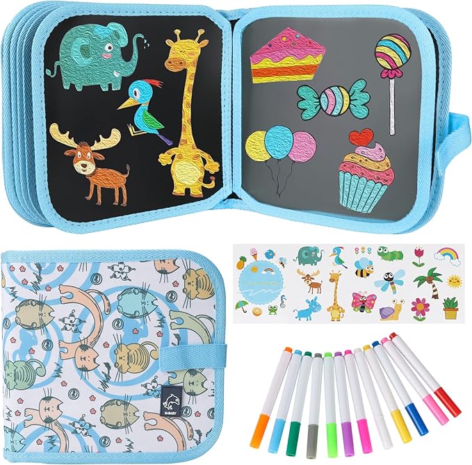 Erasable Doodle Set for Kids - Magic Drawing Book With 12 Watercolor Pens, 14 Pages - Road Trip Car Game Writing Painting Set for Boys and Girls (Arch Bridge Cat)