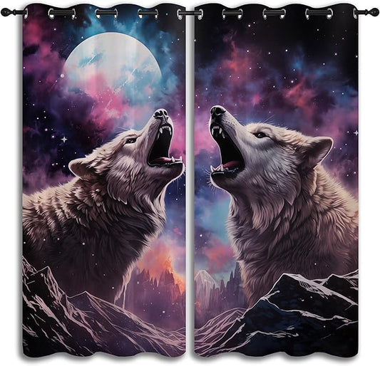 Wolf Blackout Curtains for Boys Girl Bedroom Decor,Fantasy Starry Sky Galaxy Forest Wildlife Thermal Insulated Grommet Drapes Darkening Window Curtain for Living Room Home 55x63 inch