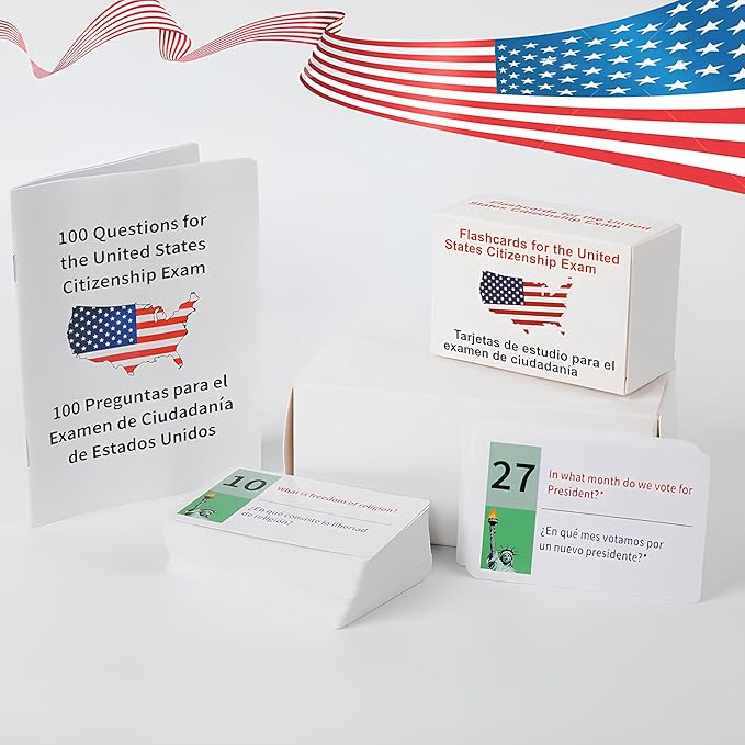 U.S Civics Test Flash Cards Combo Set,2025 US Citizenship Test Flash Cards & Study Guide Combo, Bilingual English/Spanish Naturalization Prep Kit with 100+ Civics Questions