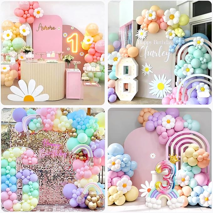219Pcs Daisy Balloon Arch Garland Kit - Pastel Rainbow Balloons Arch Kit with Daisy Balloons,Banner,Cake Toppers,12 3D Butterfly, for Birthday Party, Baby Shower, Flower Themed Party Decorations