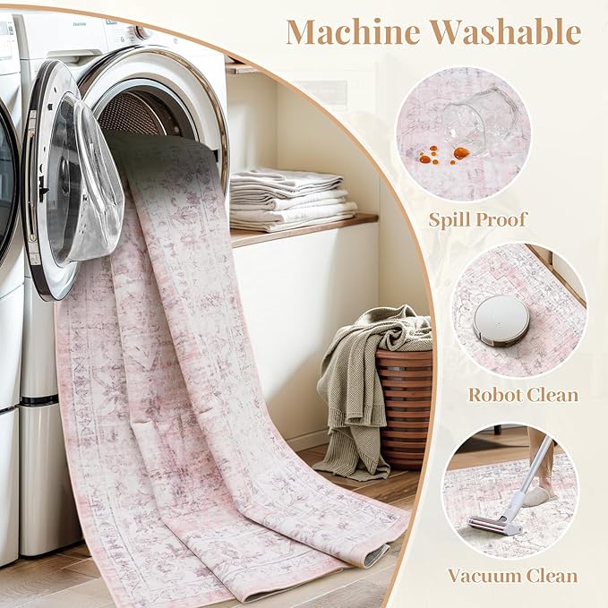 LIVEBOX Pink 10x14 Area Rug for Bedroom Girls, Boho Washable Rugs for Living Room Nursery, Non-Slip Indoor Soft Carpet Low-Pile Farmhouse Carpets for Dining Room Kids Playroom, Pink