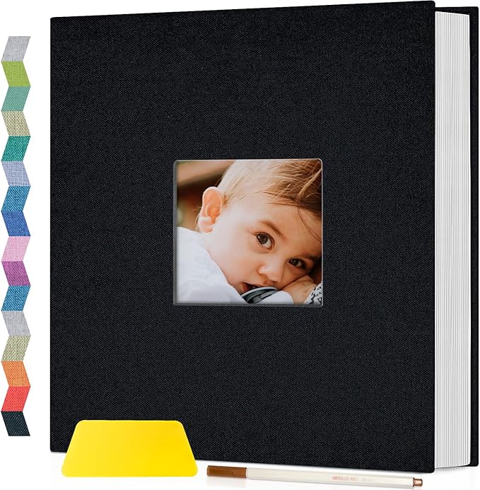 popotop Photo Album Self Adhesive with Picture Display Window,60 Pages DIY Scrapbooking Supplies Kit for 4x6 8x10 Picture,Linen Cover Memory Book for Baby Wedding, with Scraper and Metallic Pen