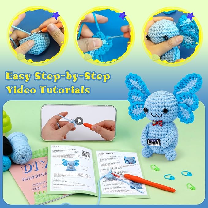 Pnytty Crochet Kit for Beginners, Crochet Animal Kits for Starters with Step-by-Step Video Tutorials, Blue Axolotl Knitting Kit with Easy-to-See Stitches Yarn, Crochet Hooks for Adults Easy Craft