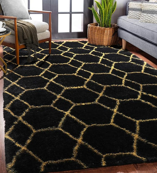 ONASAR 5x7 Area Rugs for Living Room Bedroom, Washable Fluffy Black and Gold Faux Fur Rug, Geometric Boho Soft Plush Shaggy Floor Carpet Mat for Nursery Kids Girls Boys Teen Dorm Home Office Decor