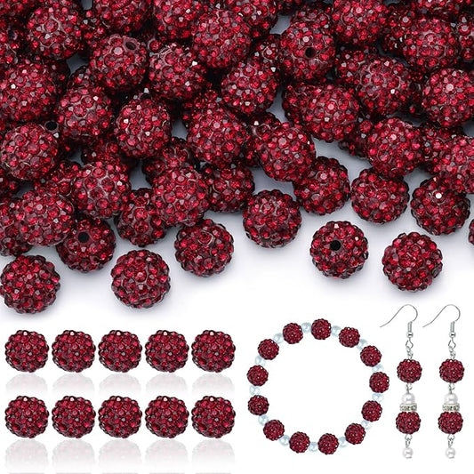 105pcs 10mm Rhinestone Beads for Jewelry Making, Dark Red Shiny Round Disco Ball Beads Bulk, Sparkle Crystal Clay Christmas for Bracelet Baseball Necklace Earring Crafting and DIY