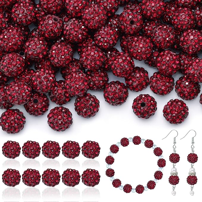 200pcs 10mm Rhinestone Beads for Jewelry Making, Dark Red Shiny Round Disco Ball Beads Bulk, Sparkle Crystal Clay Christmas for Bracelet Baseball Necklace Earring Crafting and DIY