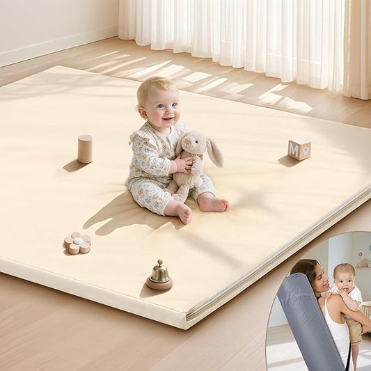 Baby Play Mat 47x47 Inches, Extra Thick 1.2" Foam Floor Mat for Tummy Time & Crawling, Waterproof Non-Slip Faux Leather Playpen Mat for Infants Toddlers, Indoor Outdoor Gym Activity, Beige