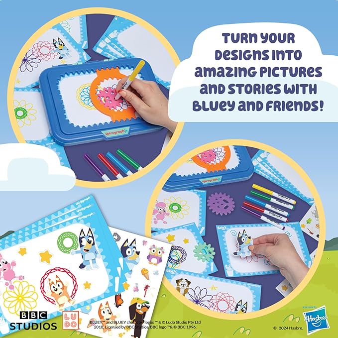 Spirograph Jr Bluey Toys - Toddler Arts and Crafts, Drawing Art Kit, Toddler Activities, Bluey Stickers, Drawing Pad, Jumbo Gears, Washable Markers, Unleash Your Child Inner Artist, Ages 3+