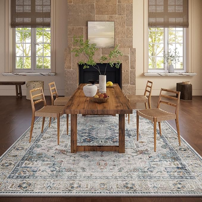 9x12 Area Rugs for Living Room: Washable Bedroom Rug Boho Vintage Rugs Stain Resistant Non Slip Low Pile Soft Lightweight Carpet for Kitchen Dining Room Farmhouse Nursery Kids Room Home Office