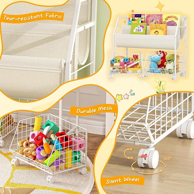 Kids Bookshelf and Toy Storage with 2 Rolling Baskets – Toddler Bookshelf, Montessori Children's Booksheves for Nursery, Small Book Shelf for Kids Rooms, Playroom Organization and Storage