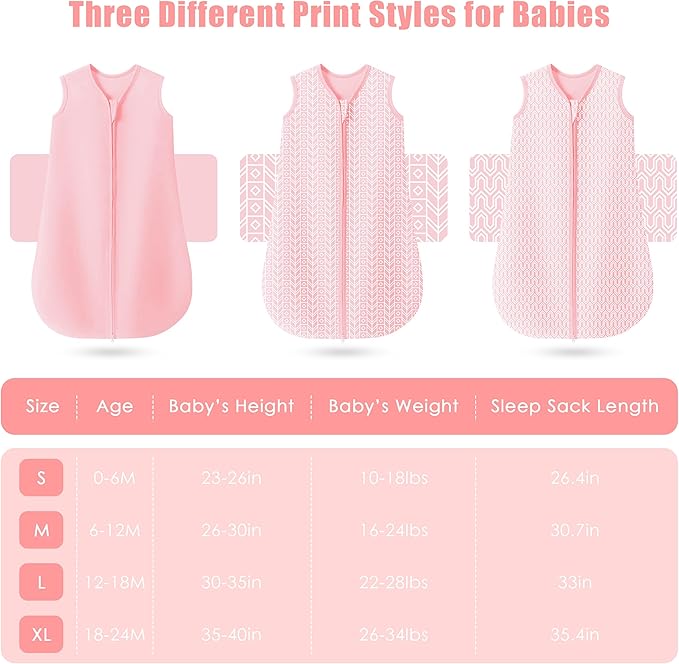 SWEET DOLPHIN Baby Sleep Sack 18-24 Months - 100% Cotton 2-Way Zipper TOG 0.5 Infant Wearable Blanket, Newborn Essentials Toddler 3 Pack Sleeping Sacks - Pink