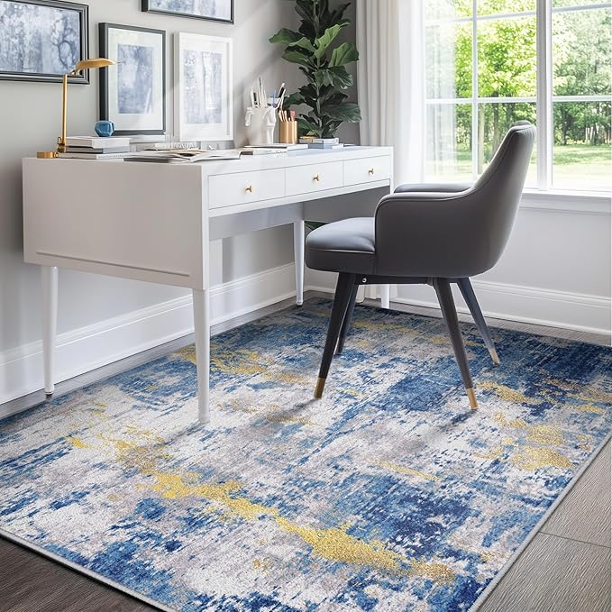 Washable Area Rugs 8'x10' Non-Slip Modern Abstract Soft for Living Room Entryway Bedroom Nursery, Print Pattern, Grey Blue Gold/Golden