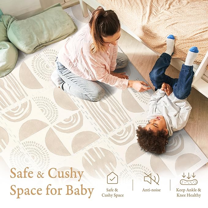 PopsyKosy Premium Exercise & Baby Foam Play Mats - Stylish & Large Non-Toxic Odorless Floor Mat - 6 Tiles - Spacious 6ft x 4ft - Peel-Resistant Reinforced Ver.- Soft Thick, Waterproof - Desert Sand
