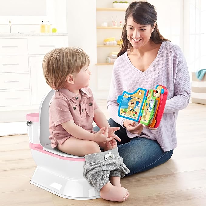 2-in-1 Toddler Potty Training Toilet - Larger Potty Chair & Detachable Training Seat for Boys & Girls Ages 1-3 with Flushing Sound, Wipes Storage, Toilet Paper Holder - Pink