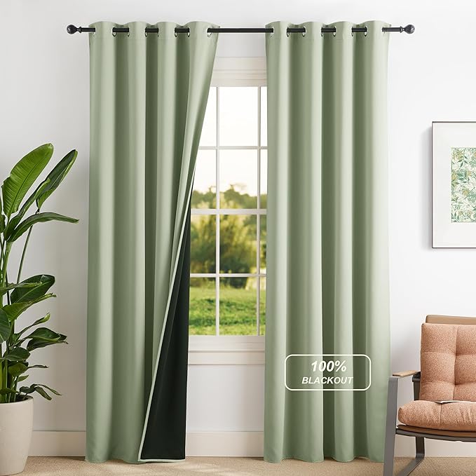NICETOWN 100% Blackout Curtains for Bedroom Thermal Insulated Blackout 84 inch Length Heat and Full Light Blocking Curtains for Living Room, 2 Panels Set, Olive Green, 52 x 84 inch