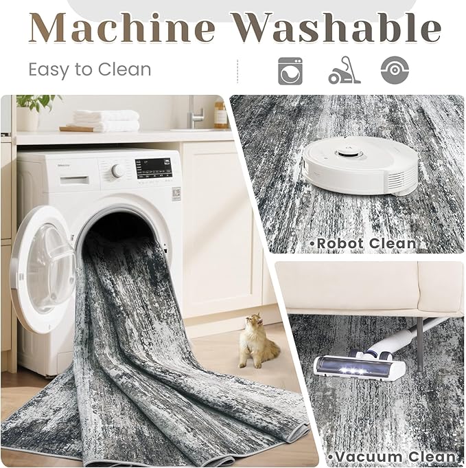 Washable Rug 6x9 Area Rugs for Living Room: Neutral Soft Rug Abstract Non Slip Low Pile Modern Carpet for Bedroom Kitchen Nursery Office Dining Room Indoor (Black, 6'x9')