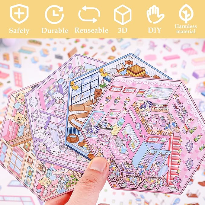 DIY 3D Sticker Scene 4 Sets of Reuseable and Waterproof Stickers Make Your Own Shop Scenes Sticker Cute Miniature Cartoon Stickers for Kids Adult