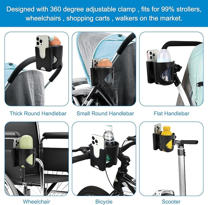 Accmor Universal Cup Holder, Stroller Cup Holder with Phone Holder, 360° Rotatable Large Caliber Designed Bottle Holder for Stroller, Bike, Wheelchair, Walker, Scooter