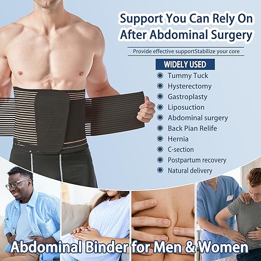 Abdominal Binder for Post Surgery & Postpartum Recovery, Abdomen Hernia Support Belt for Women & Men (Black, Medium)