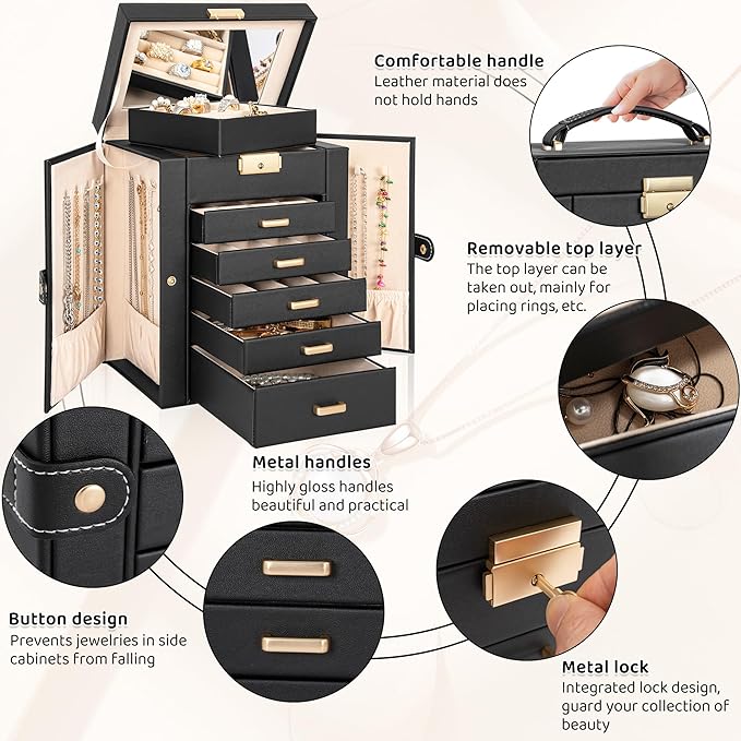 AKOZLIN 6-Tier Jewelry Box Lockable Leather Jewelry Storage Case with 5 Drawers for Women Girls Ring Necklace Earring Bracelet Holder Organizer with Mirror