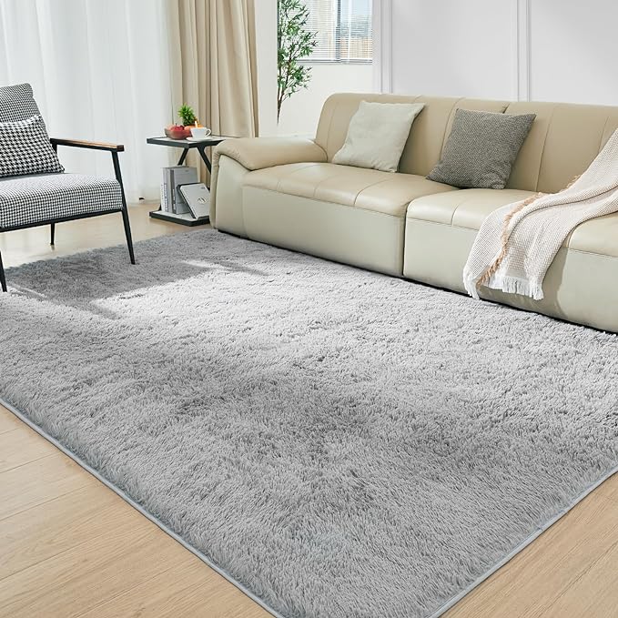 Ultra Soft Rug for Living Room, 9X12 Fluffy Shag Area Rug for Bedroom, Modern Shaggy Carpets Fuzzy Rug for Teens Dorm Nursery Home Decor Aesthetic, Upgrade Anti-Skid Durable, Light Grey