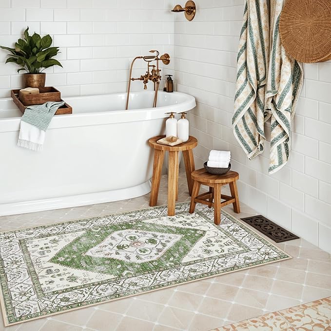 Lahome Boho Indoor Rugs for Entryway - 2x3 Area Rug Non-Slip Backing Washable Inside Door Mats Low-Profile Throw Rugs for Bathroom, Vintage Print Distressed Rug for Kitchen Bedside (Green, 2'x3')