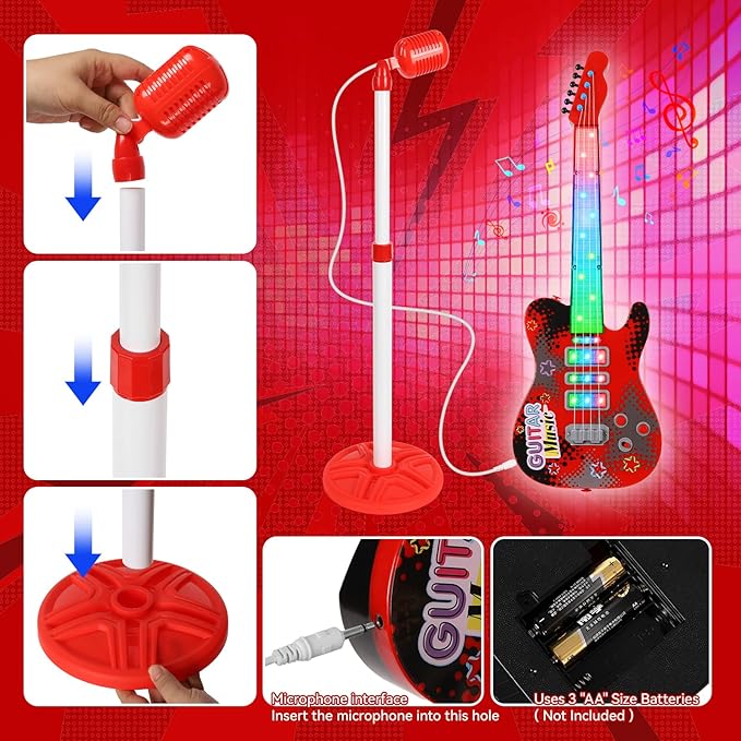 Kids Guitar and Microphone Playset with 4 Strings, Electric Guitar Kit with Lifting Mic Stand, Toddler Toys Musical Instruments Starter Kit, Karaoke Machine Toys for Boys Girls Christmas Guitars Gifts