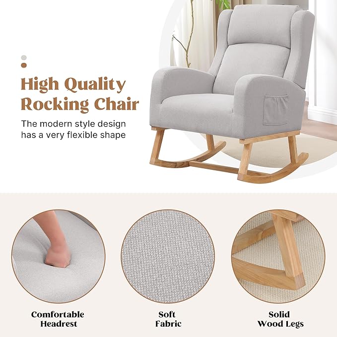 Rocking Chair Nursery, Nursing Rocking Chairs for Mom Nursery, Comfy Wingback Glider Rocking Armchair with Side Pocket for Nursery Living Room Bedroom, Light Grey