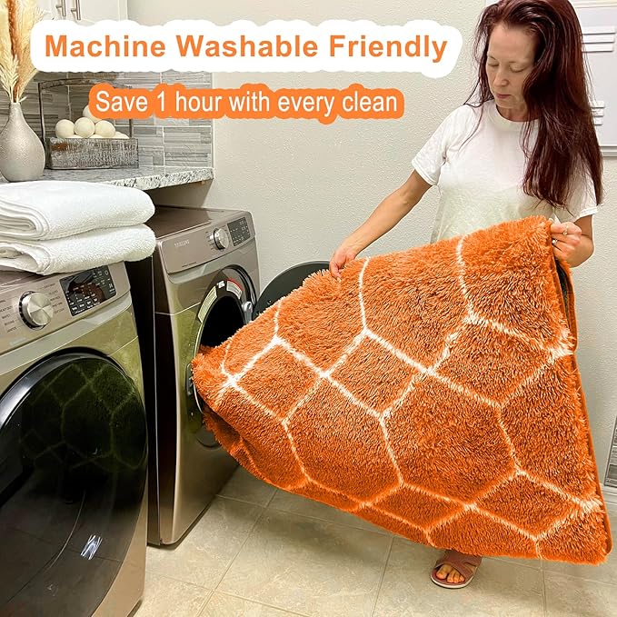 ONASAR Rugs for Living Room Bedroom, 5x8 Washable Fluffy Orange and White Area Rug, Geometric Boho Soft Plush Shaggy Fuzzy Floor Carpet for Nursery Kids Girls Boys Teen Dorm Home Decor Aesthetic